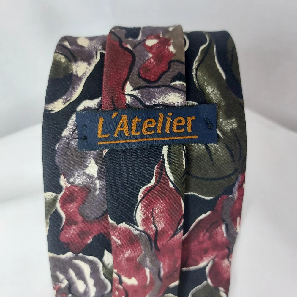 Vintage L'Atelier Mens 100% Italian Silk Tie Floral Necktie 58